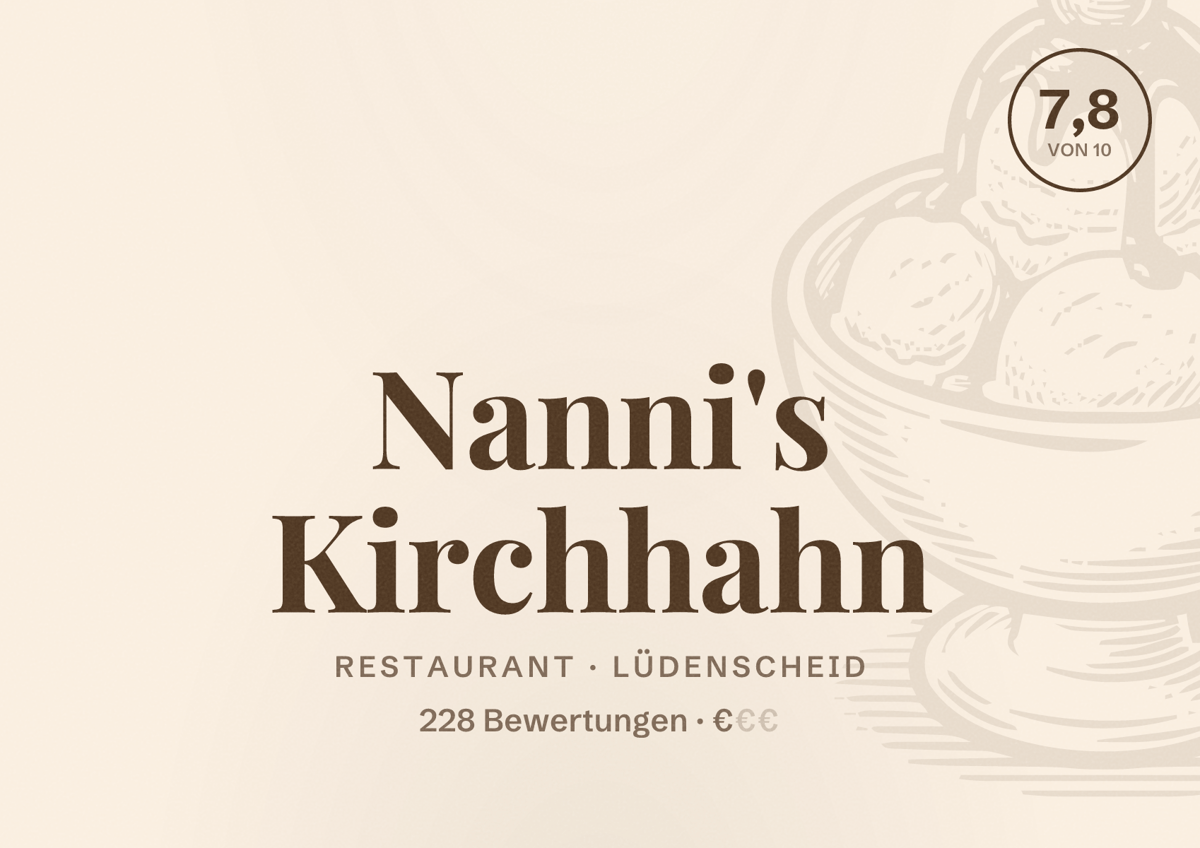 Illustriertes Poster von Nanni's Kirchhahn, Restaurant in Lüdenscheid: Bewertung 7,8 von 10 aus 228 Bewertungen, Preisniveau €
