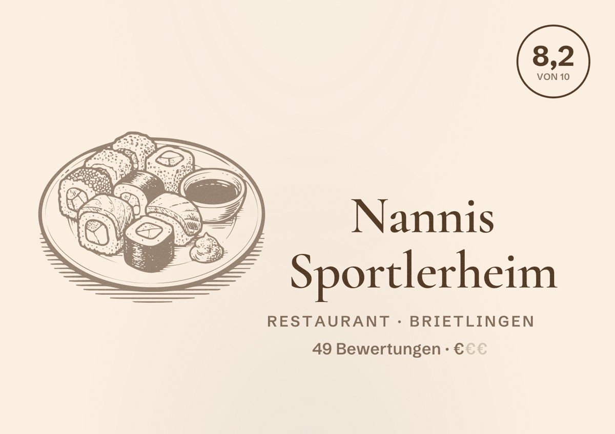 Illustriertes Poster von Nannis Sportlerheim, Restaurant in Brietlingen: Bewertung 8,2 von 10 aus 49 Bewertungen, Preisniveau €