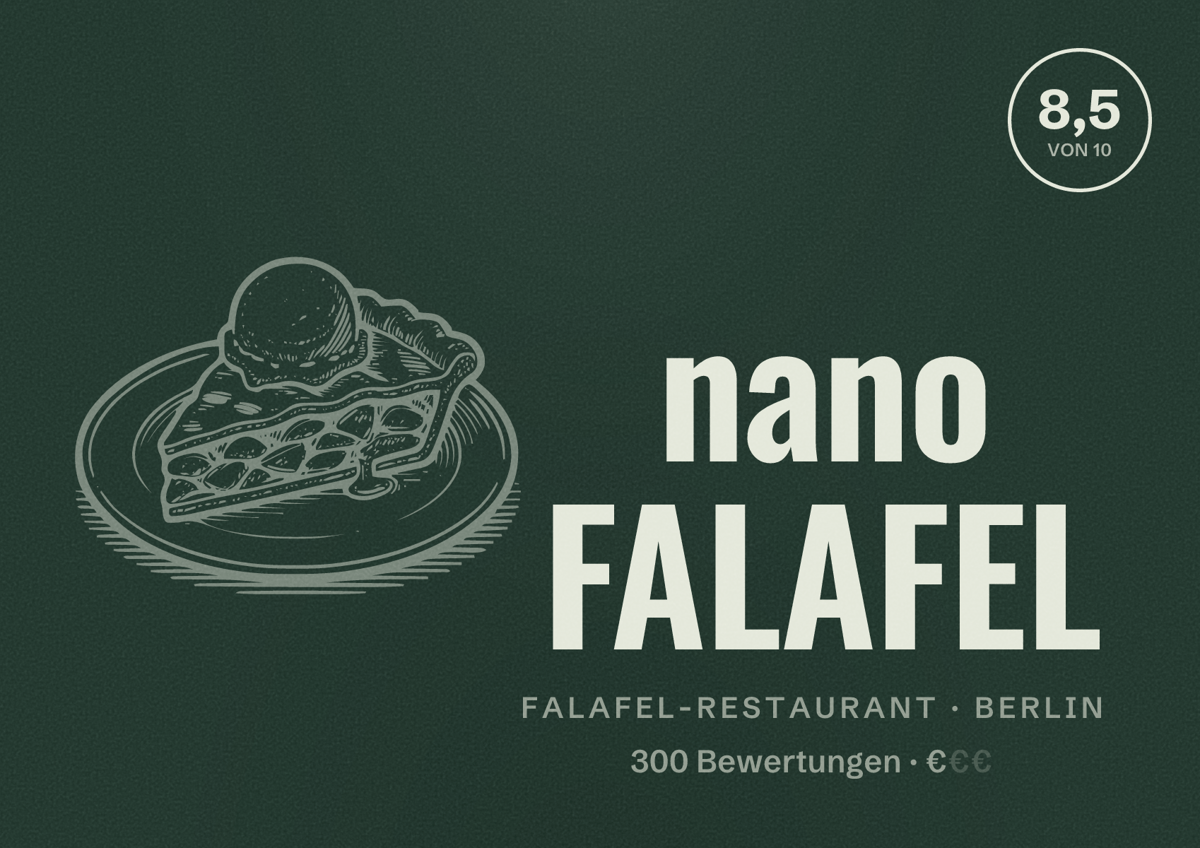 Illustriertes Poster von nano FALAFEL, Falafel-Restaurant in Berlin: Bewertung 8,5 von 10 aus 300 Bewertungen, Preisniveau €