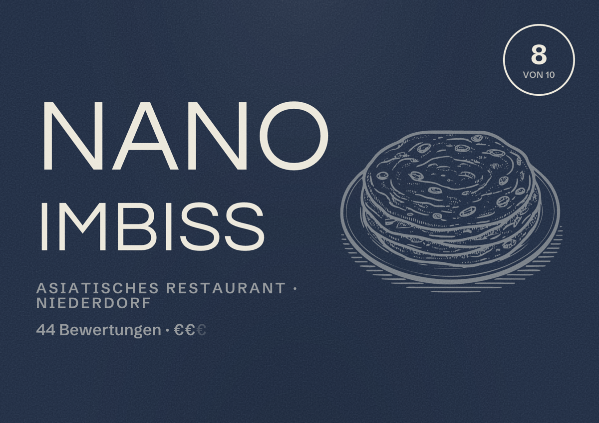 Illustriertes Poster von Nano imbiss, Asiatisches Restaurant in Niederdorf: Bewertung 8 von 10 aus 44 Bewertungen, Preisniveau €€