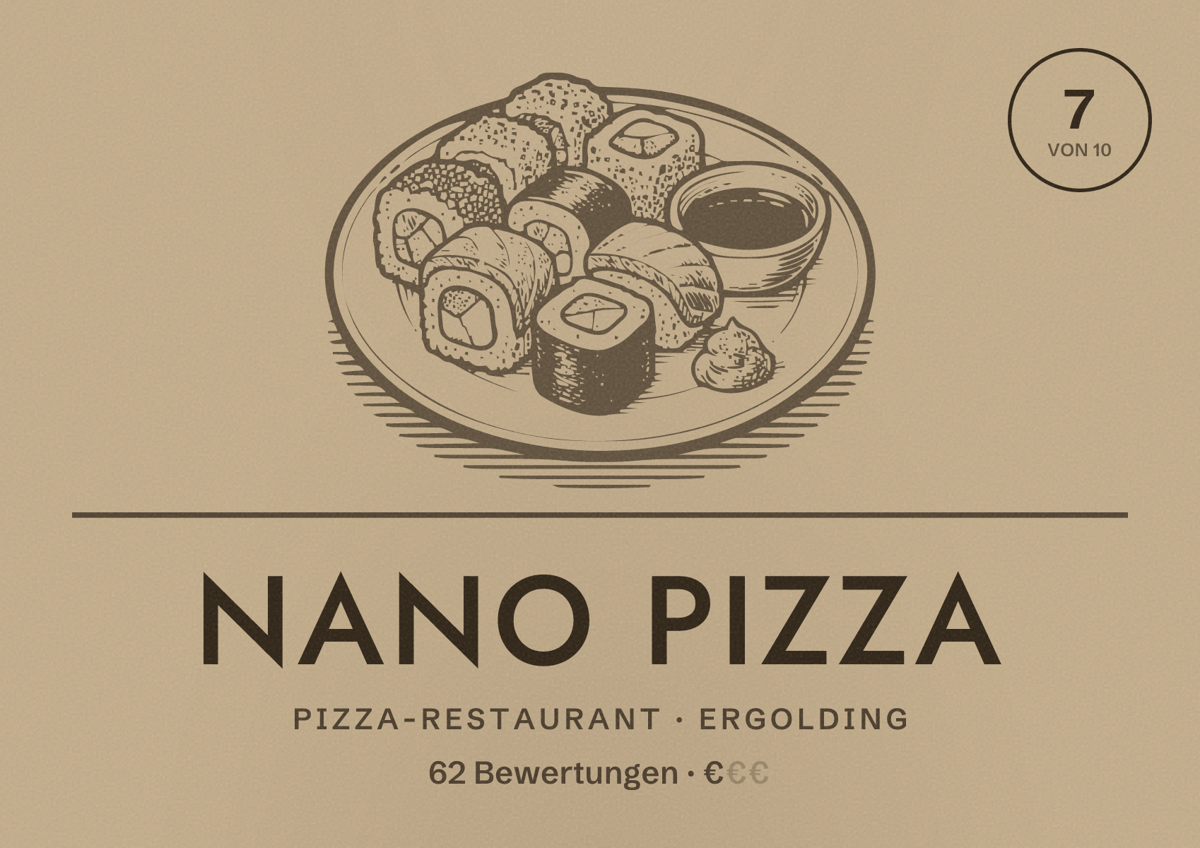Illustriertes Poster von Nano Pizza, Pizza-Restaurant in Ergolding: Bewertung 7 von 10 aus 62 Bewertungen, Preisniveau €
