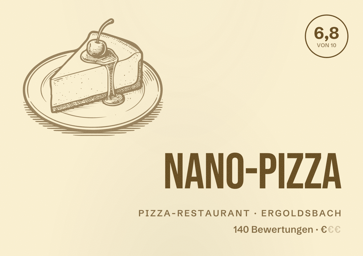 Illustriertes Poster von Nano-Pizza, Pizza-Restaurant in Ergoldsbach: Bewertung 6,8 von 10 aus 140 Bewertungen, Preisniveau €