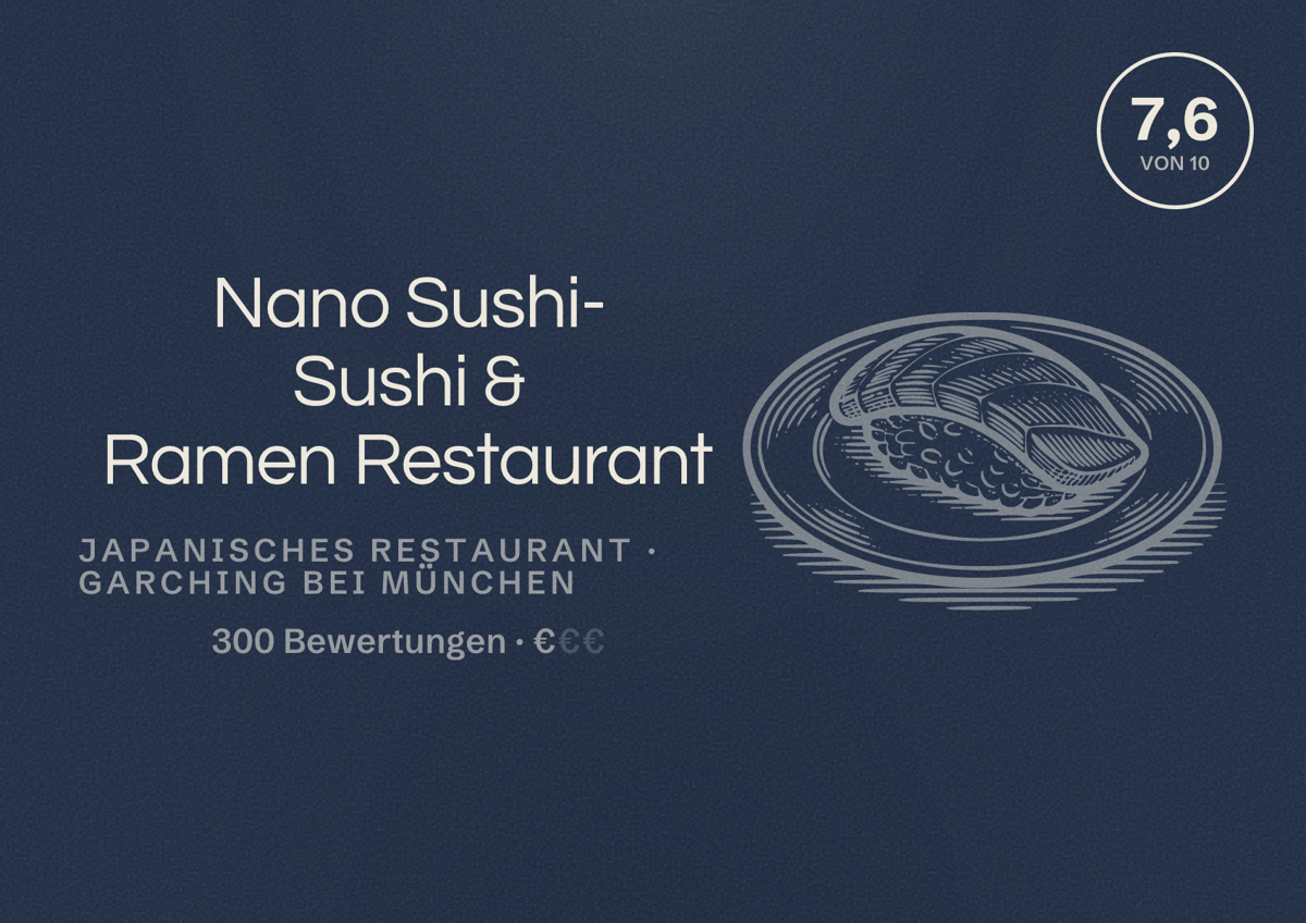 Illustriertes Poster von Nano Sushi- Sushi & Ramen Restaurant, Japanisches Restaurant in Garching bei München: Bewertung 7,6 von 10 aus 300 Bewertungen, Preisniveau €