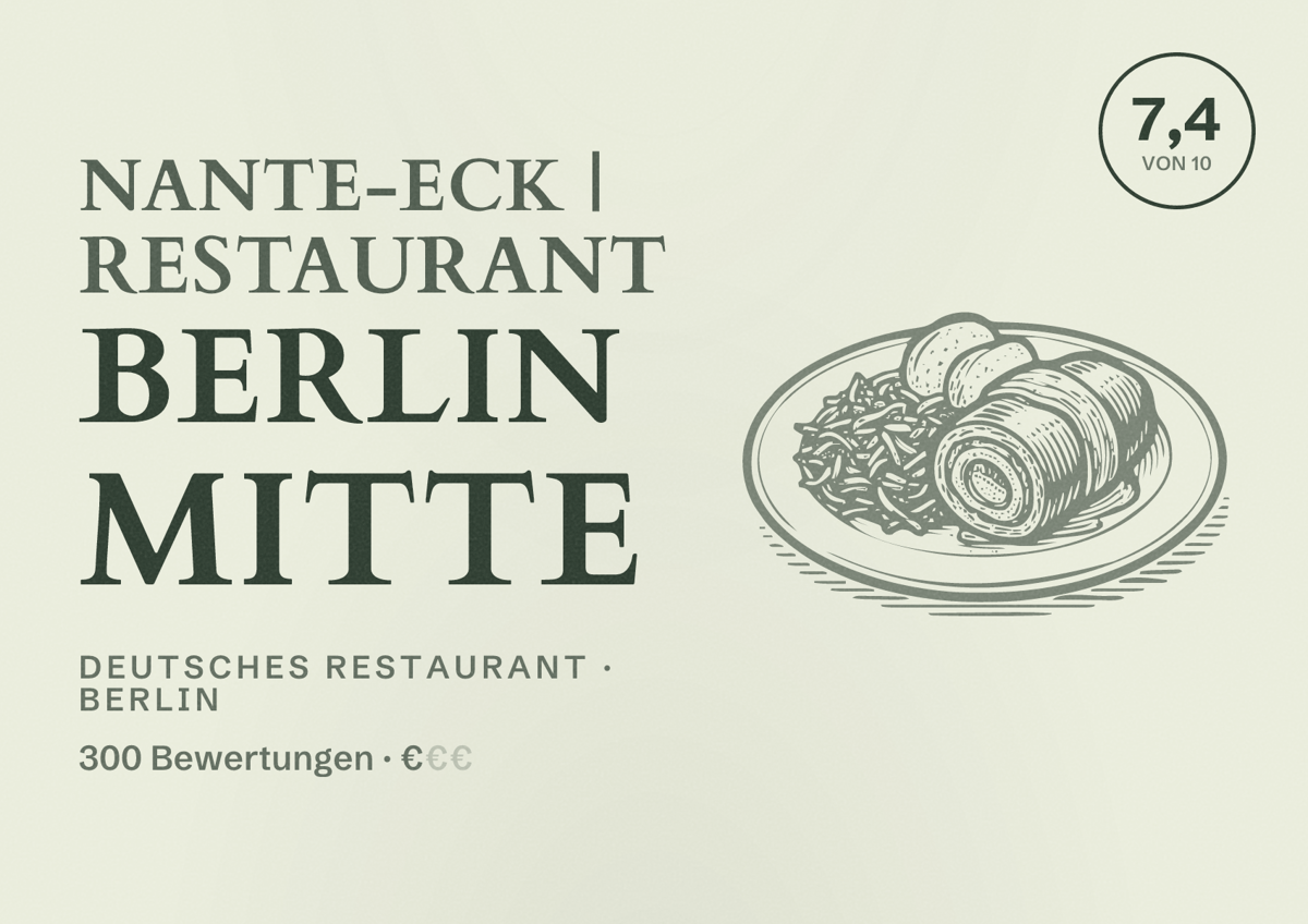 Illustriertes Poster von Nante-Eck | Restaurant Berlin Mitte, Deutsches Restaurant in Berlin: Bewertung 7,4 von 10 aus 300 Bewertungen, Preisniveau €