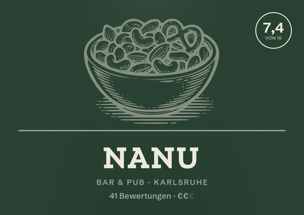 Illustriertes Poster von Nanu, Bar & Pub in Karlsruhe: Bewertung 7,4 von 10 aus 41 Bewertungen, Preisniveau €€