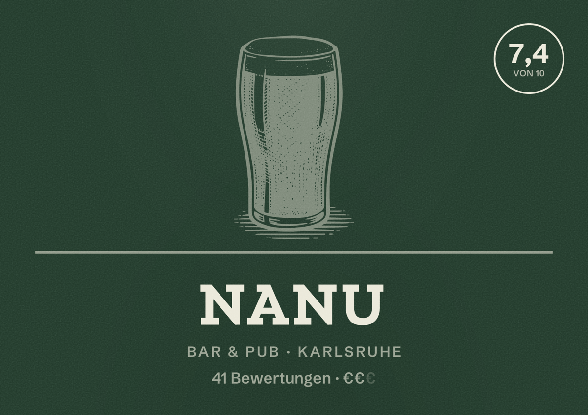 Illustriertes Poster von Nanu, Bar & Pub in Karlsruhe: Bewertung 7,4 von 10 aus 41 Bewertungen, Preisniveau €€