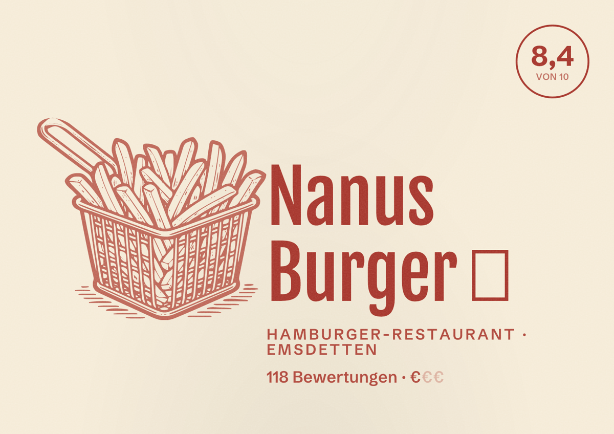 Illustriertes Poster von Nanus Burger 🍔, Hamburger-Restaurant in Emsdetten: Bewertung 8,4 von 10 aus 118 Bewertungen, Preisniveau €