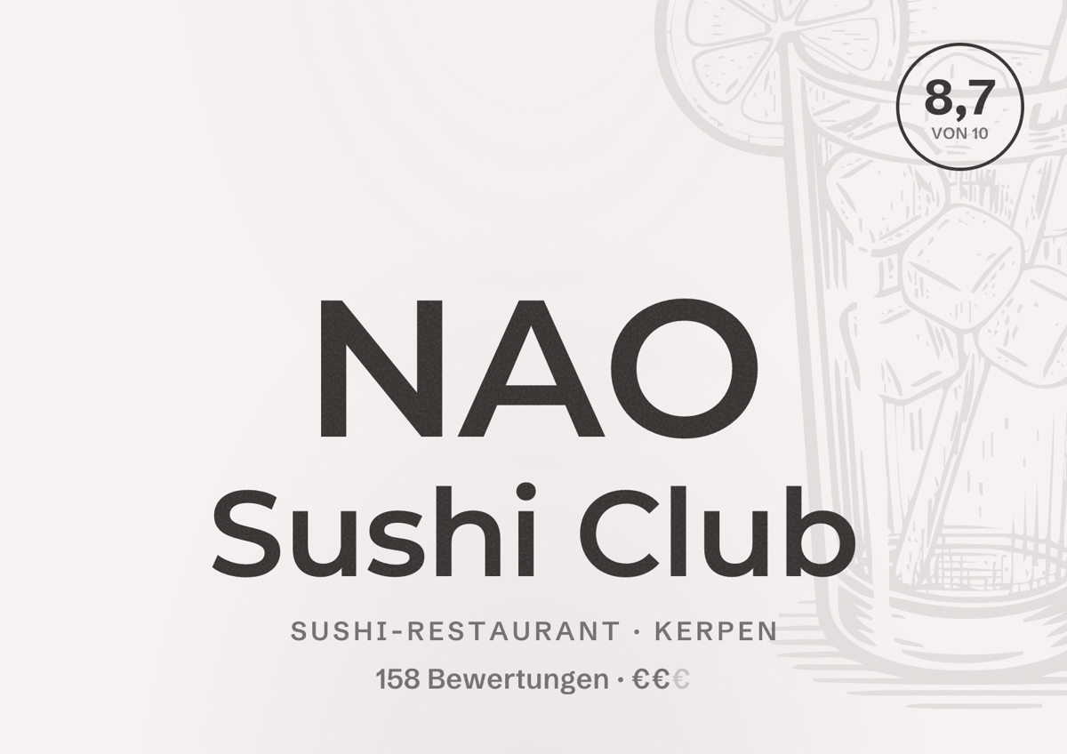 Illustriertes Poster von NAO Sushi Club, Sushi-Restaurant in Kerpen: Bewertung 8,7 von 10 aus 158 Bewertungen, Preisniveau €€