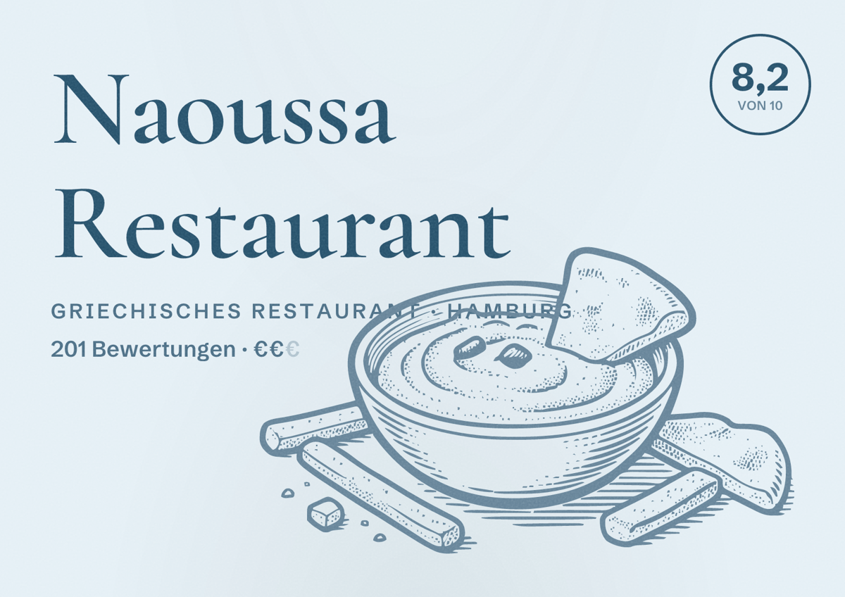 Illustriertes Poster von Naoussa Restaurant, Griechisches Restaurant in Hamburg: Bewertung 8,2 von 10 aus 201 Bewertungen, Preisniveau €€