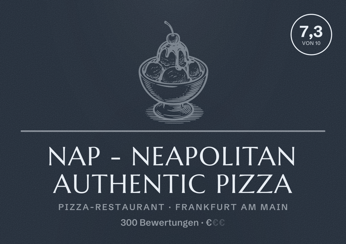 Illustriertes Poster von NAP - Neapolitan Authentic Pizza, Pizza-Restaurant in Frankfurt am Main: Bewertung 7,3 von 10 aus 300 Bewertungen, Preisniveau €