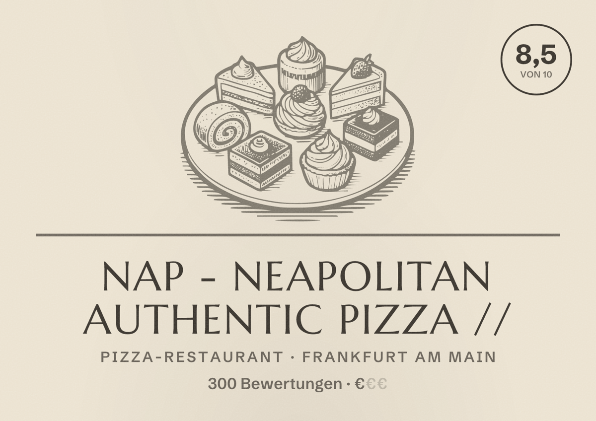 Illustriertes Poster von NAP - Neapolitan Authentic Pizza //, Pizza-Restaurant in Frankfurt am Main: Bewertung 8,5 von 10 aus 300 Bewertungen, Preisniveau €