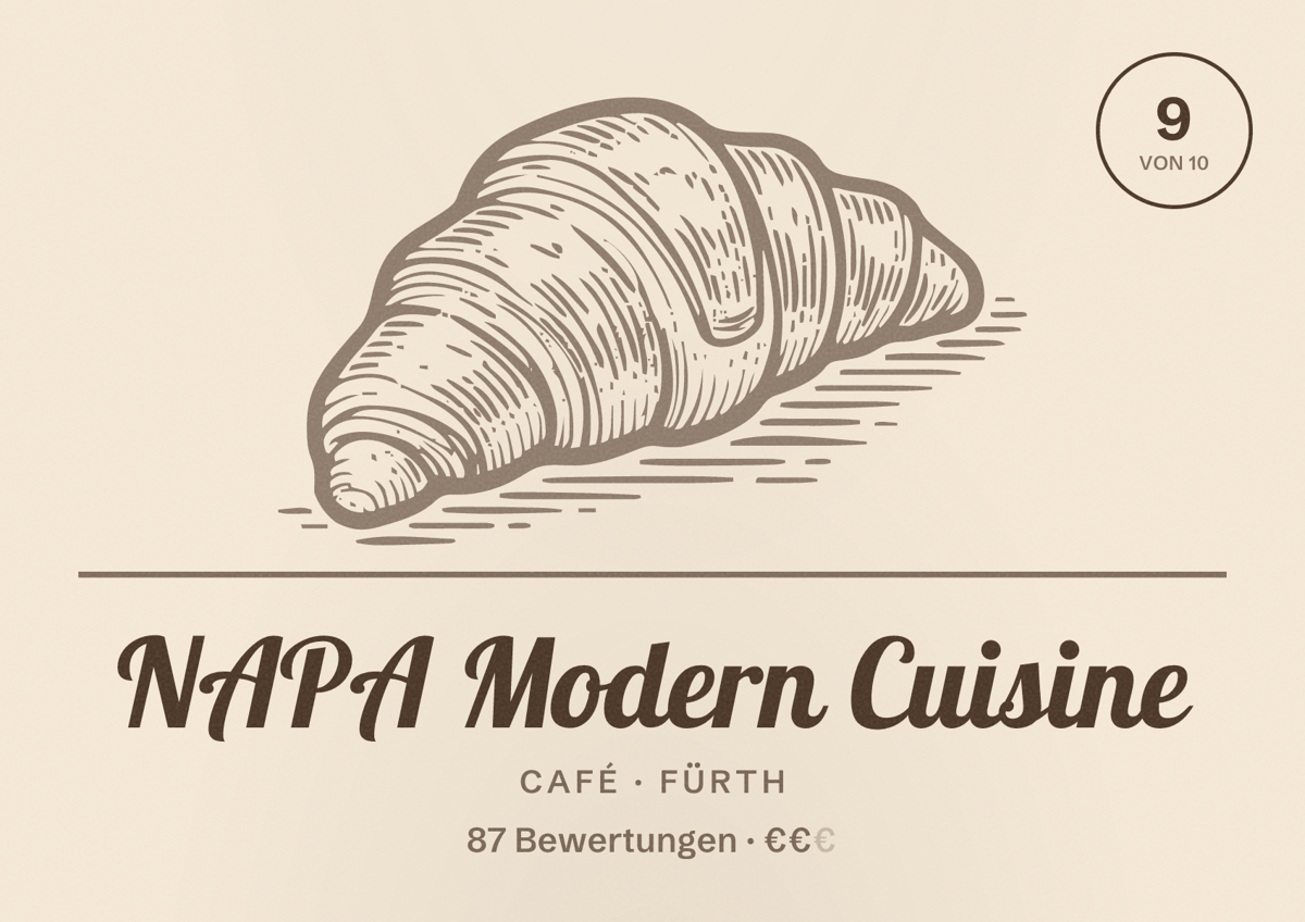 Illustriertes Poster von NAPA Modern Cuisine, Café in Fürth: Bewertung 9 von 10 aus 87 Bewertungen, Preisniveau €€
