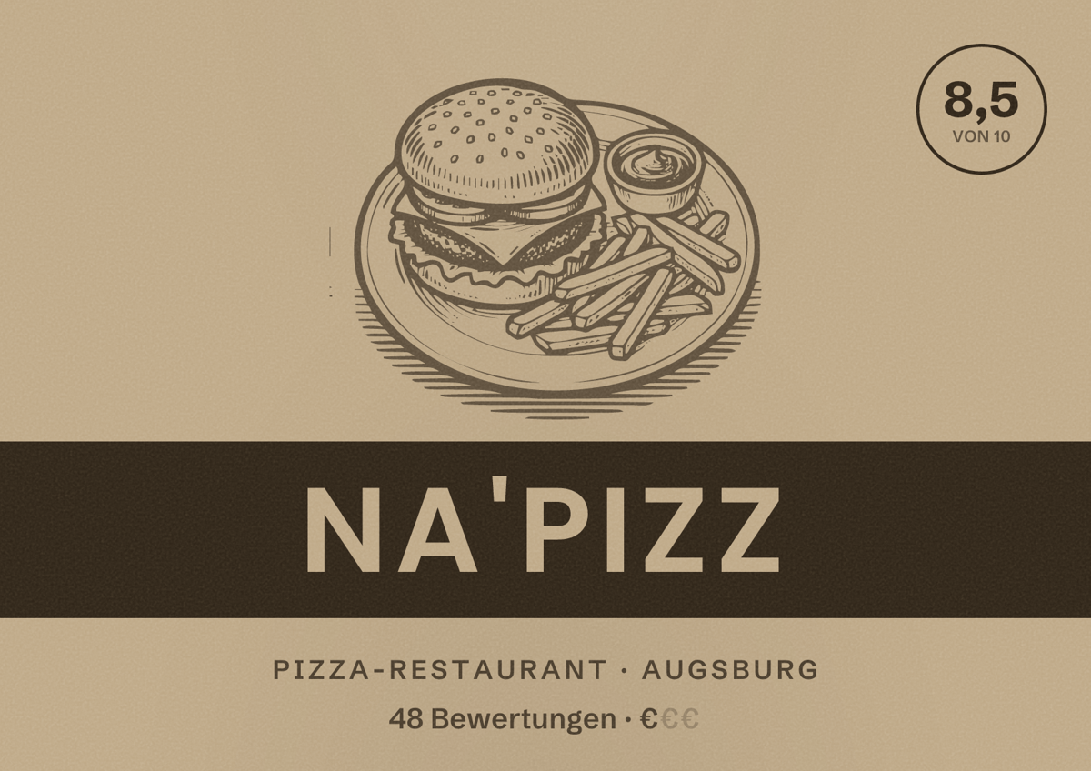 Illustriertes Poster von NA'PIZZ, Pizza-Restaurant in Augsburg: Bewertung 8,5 von 10 aus 48 Bewertungen, Preisniveau €