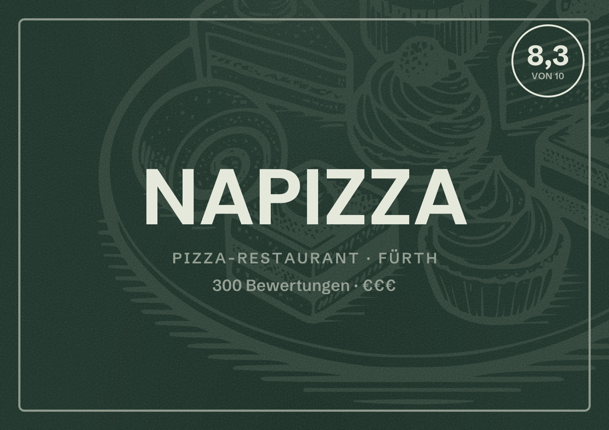 Illustriertes Poster von NAPIZZA, Pizza-Restaurant in Fürth: Bewertung 8,3 von 10 aus 300 Bewertungen, Preisniveau €€€
