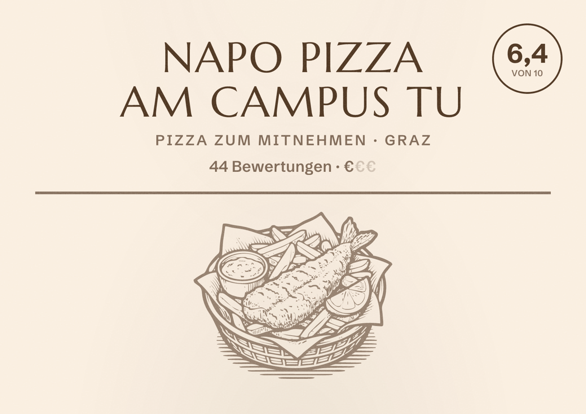 Illustriertes Poster von Napo Pizza am Campus TU, Pizza zum Mitnehmen in Graz: Bewertung 6,4 von 10 aus 44 Bewertungen, Preisniveau €