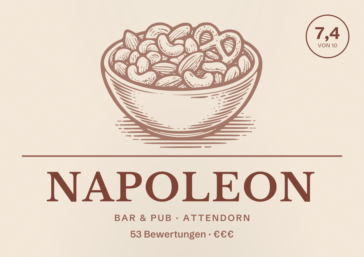 Illustriertes Poster von Napoleon, Bar & Pub in Attendorn: Bewertung 7,4 von 10 aus 53 Bewertungen, Preisniveau €€€