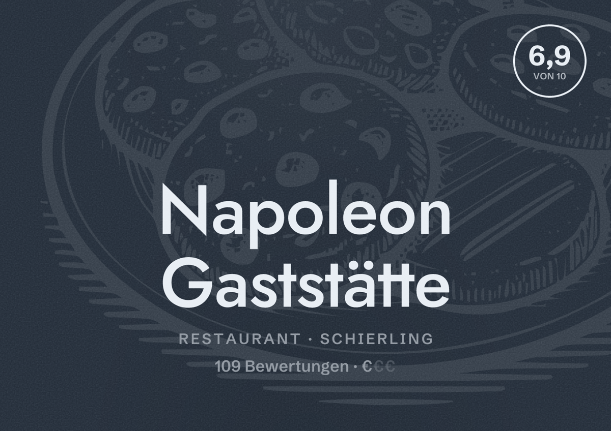 Illustriertes Poster von Napoleon Gaststätte, Restaurant in Schierling: Bewertung 6,9 von 10 aus 109 Bewertungen, Preisniveau €
