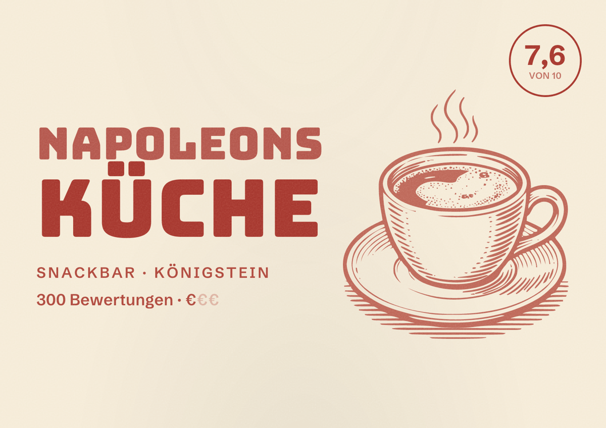 Illustriertes Poster von Napoleons Küche, Snackbar in Königstein: Bewertung 7,6 von 10 aus 300 Bewertungen, Preisniveau €