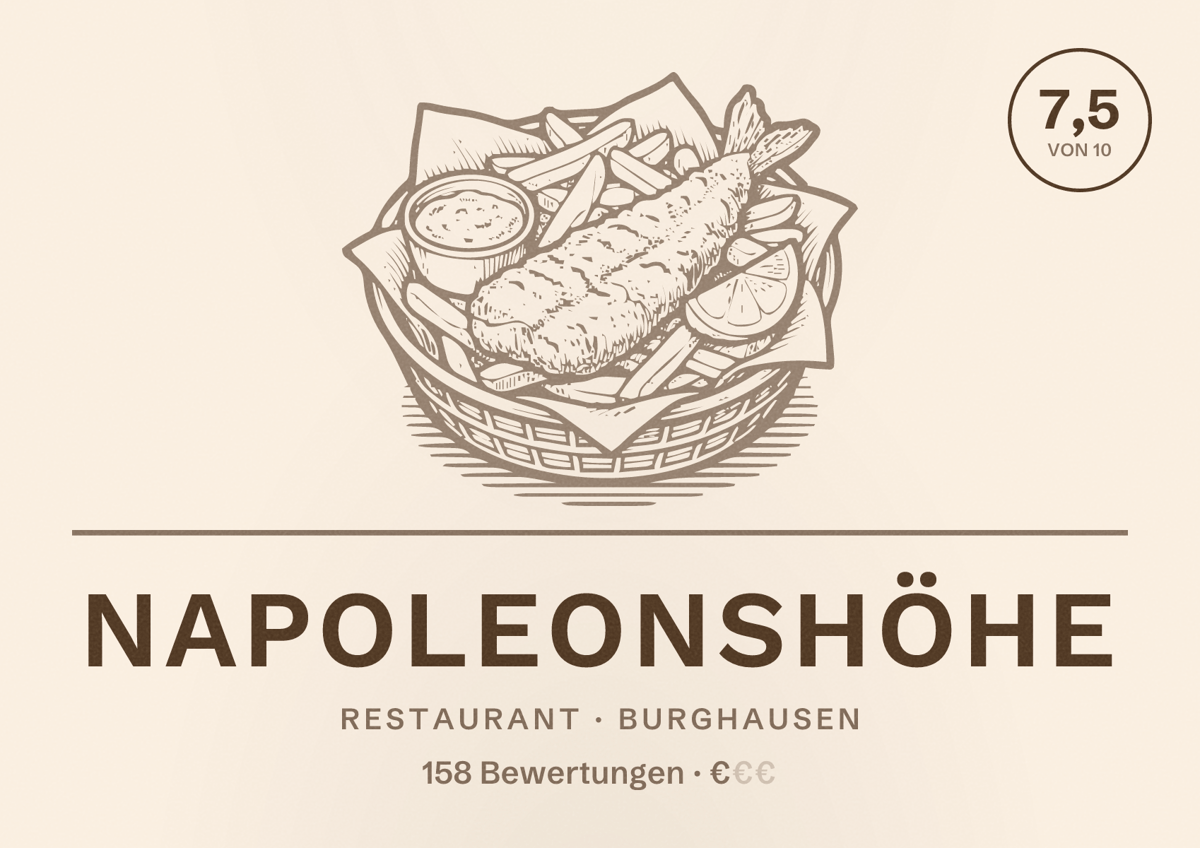 Illustriertes Poster von Napoleonshöhe, Restaurant in Burghausen: Bewertung 7,5 von 10 aus 158 Bewertungen, Preisniveau €