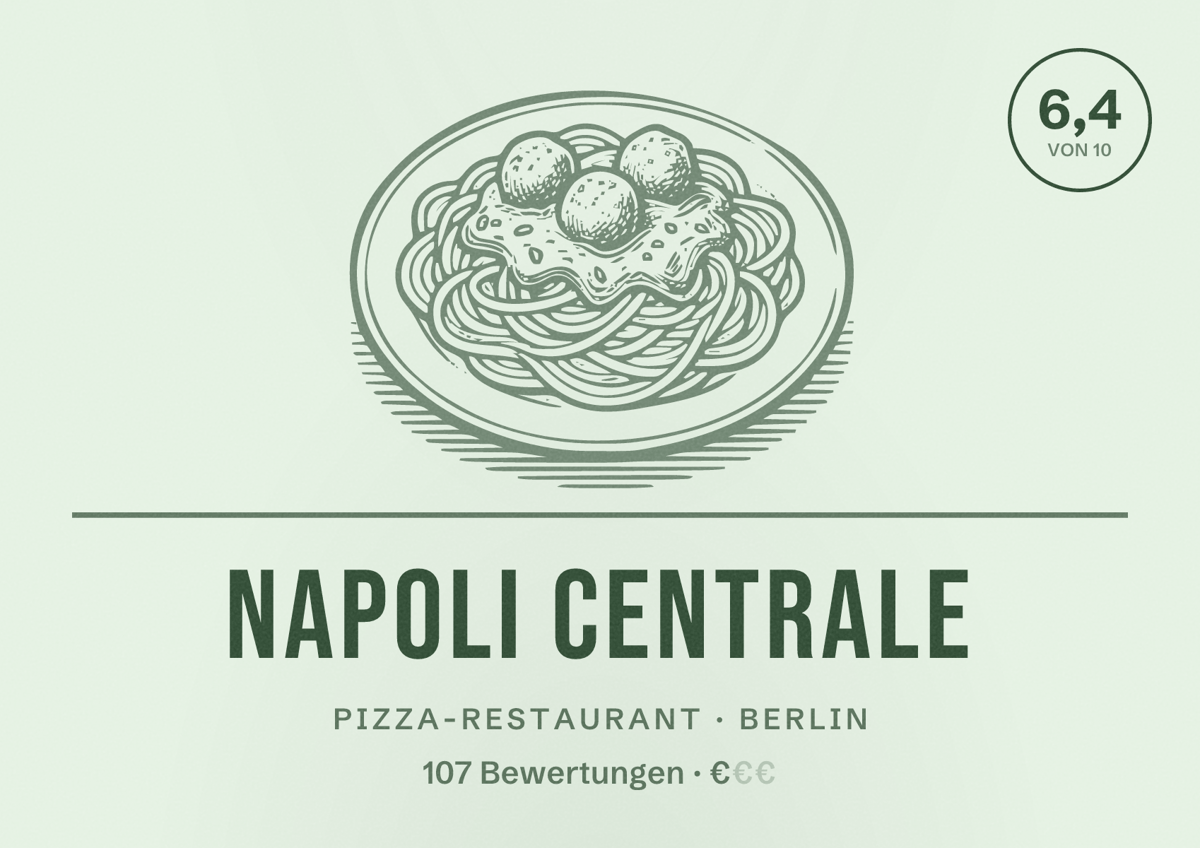 Illustriertes Poster von Napoli Centrale, Pizza-Restaurant in Berlin: Bewertung 6,4 von 10 aus 107 Bewertungen, Preisniveau €