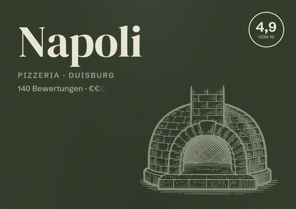 Illustriertes Poster von Napoli, Pizzeria in Duisburg: Bewertung 4,9 von 10 aus 140 Bewertungen, Preisniveau €€