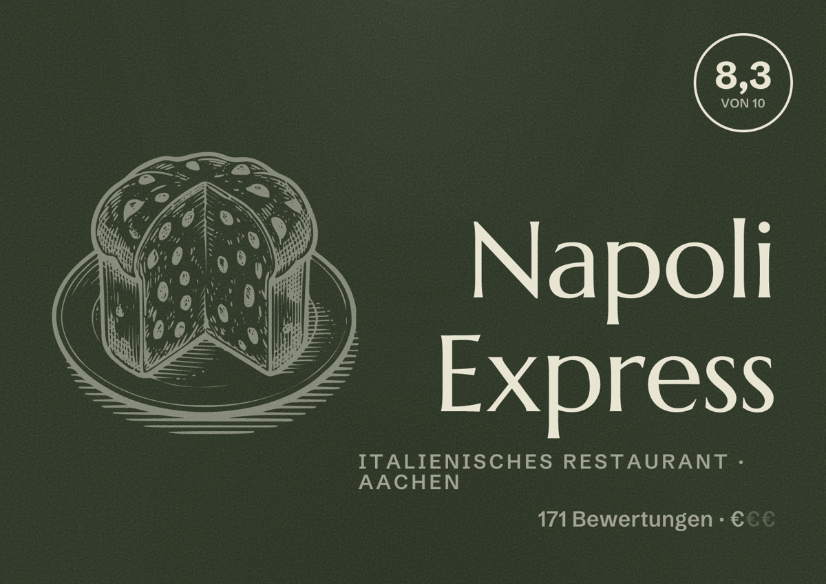 Illustriertes Poster von Napoli Express, Italienisches Restaurant in Aachen: Bewertung 8,3 von 10 aus 171 Bewertungen, Preisniveau €