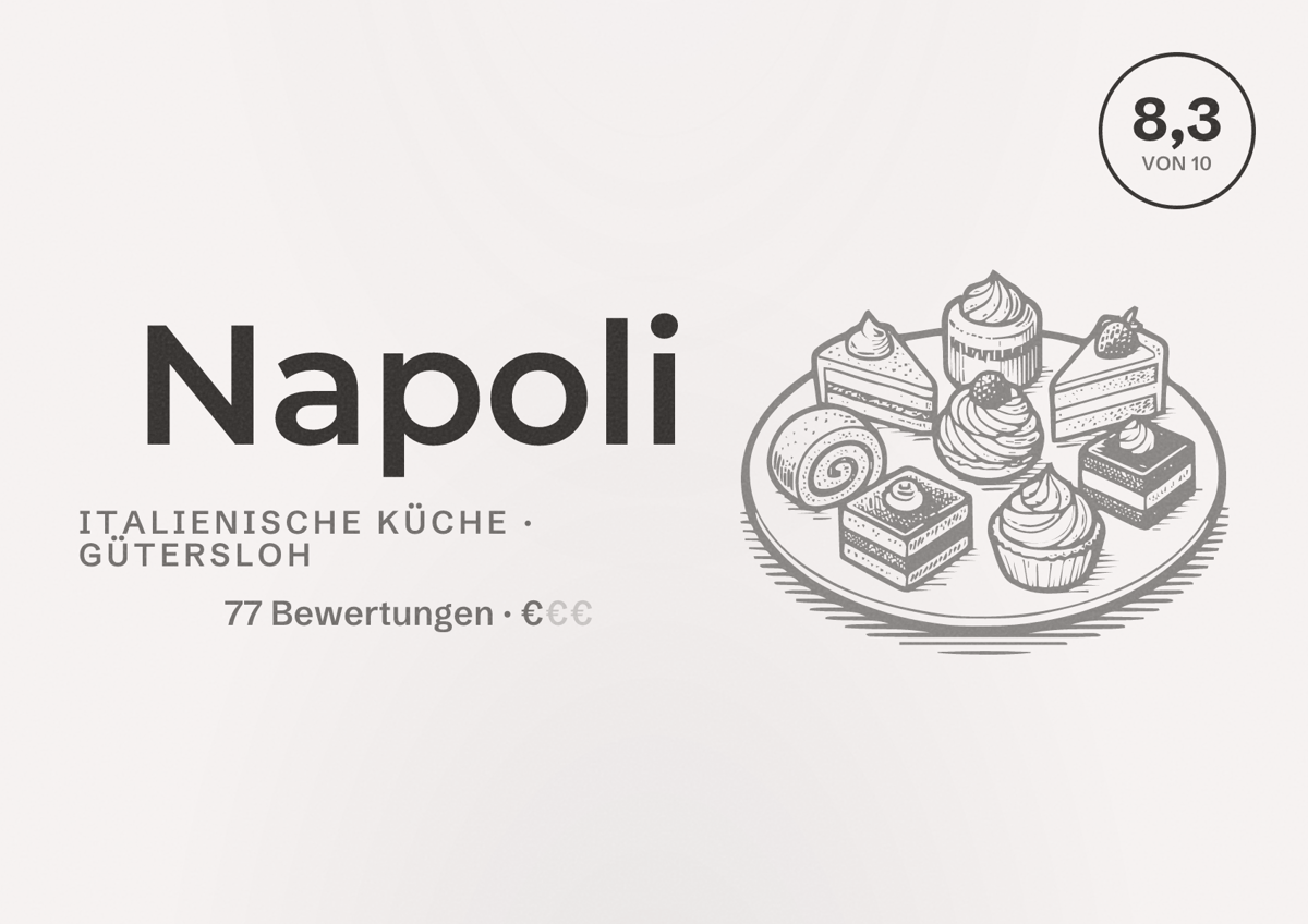 Illustriertes Poster von Napoli, Italienische Küche in Gütersloh: Bewertung 8,3 von 10 aus 77 Bewertungen, Preisniveau €