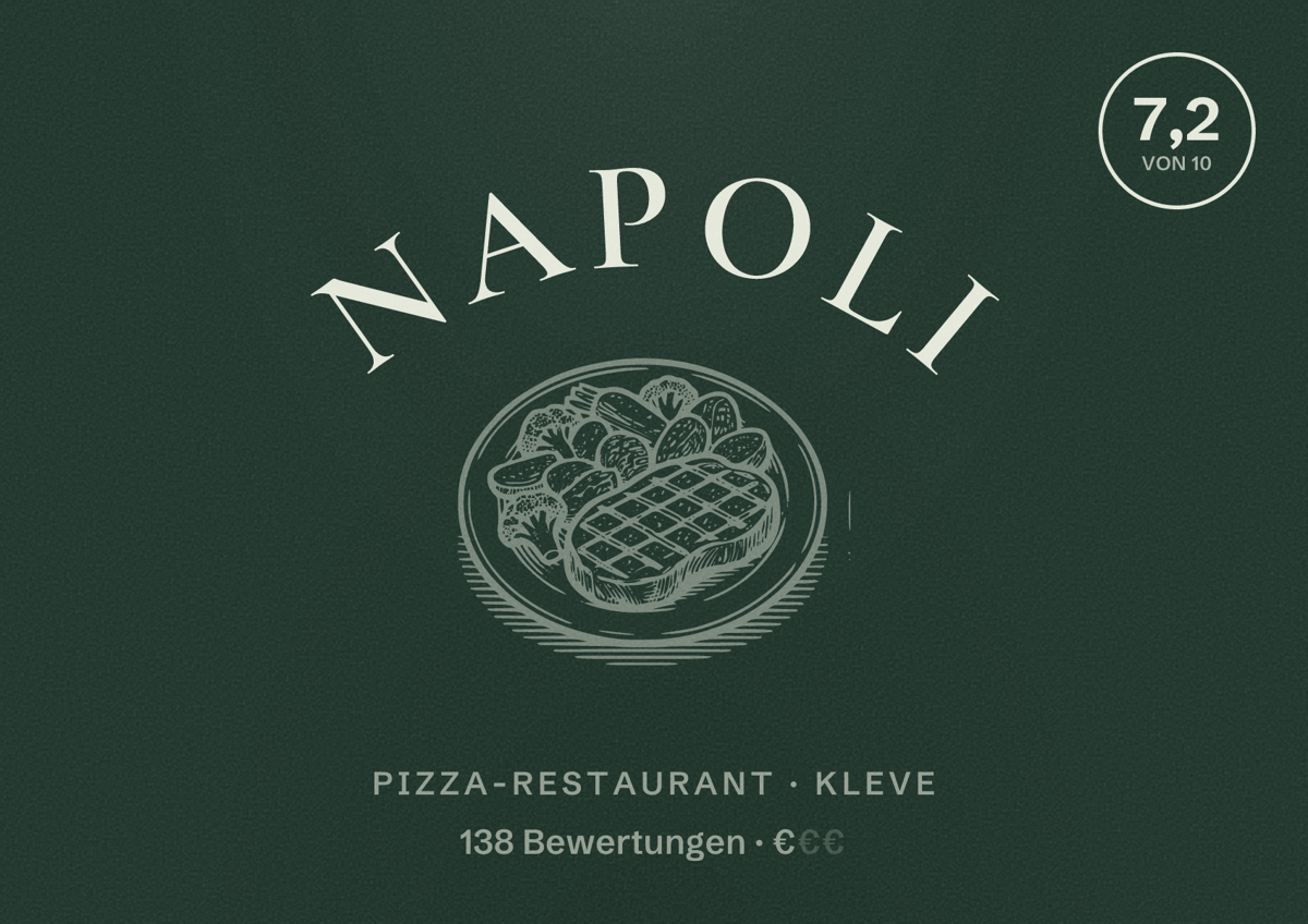 Illustriertes Poster von Napoli, Pizza-Restaurant in Kleve: Bewertung 7,2 von 10 aus 138 Bewertungen, Preisniveau €