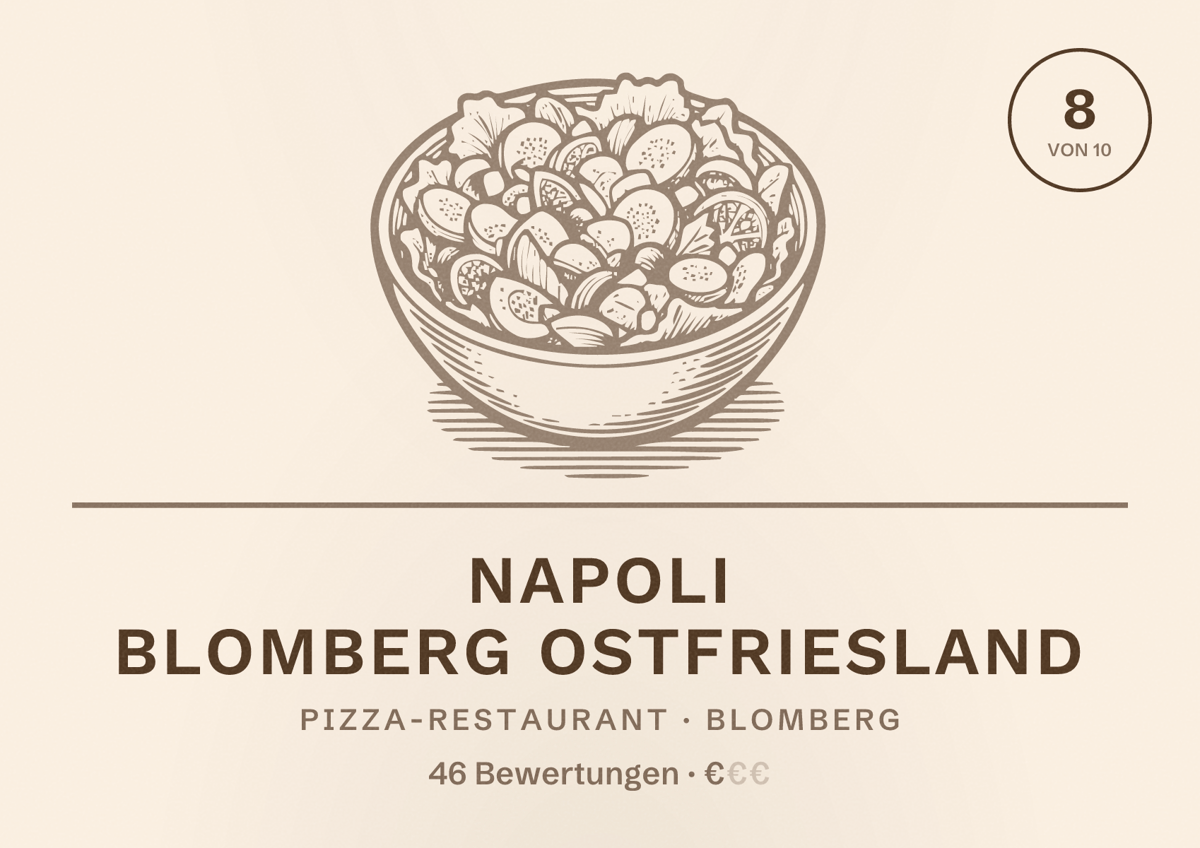 Illustriertes Poster von Napoli Blomberg Ostfriesland, Pizza-Restaurant in Blomberg: Bewertung 8 von 10 aus 46 Bewertungen, Preisniveau €
