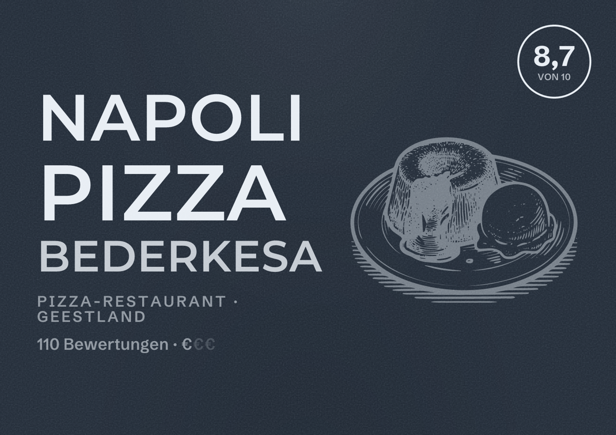 Illustriertes Poster von Napoli Pizza Bederkesa, Pizza-Restaurant in Geestland: Bewertung 8,7 von 10 aus 110 Bewertungen, Preisniveau €