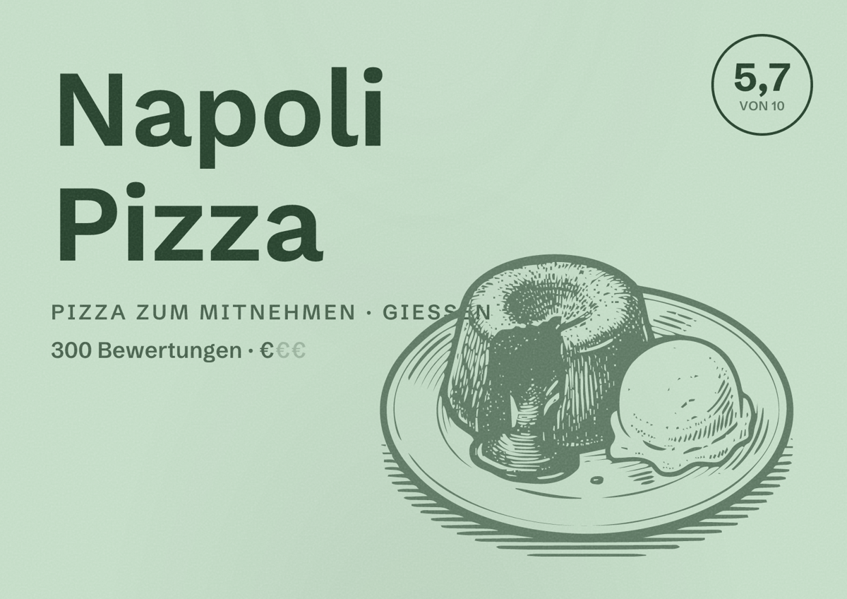 Illustriertes Poster von Napoli Pizza, Pizza zum Mitnehmen in Gießen: Bewertung 5,7 von 10 aus 300 Bewertungen, Preisniveau €
