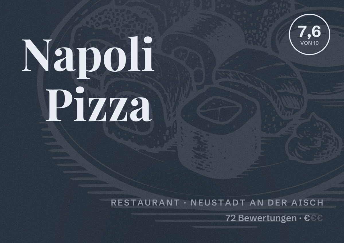 Illustriertes Poster von Napoli Pizza, Restaurant in Neustadt an der Aisch: Bewertung 7,6 von 10 aus 72 Bewertungen, Preisniveau €
