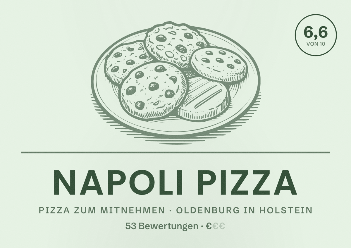 Illustriertes Poster von Napoli Pizza, Pizza zum Mitnehmen in Oldenburg in Holstein: Bewertung 6,6 von 10 aus 53 Bewertungen, Preisniveau €