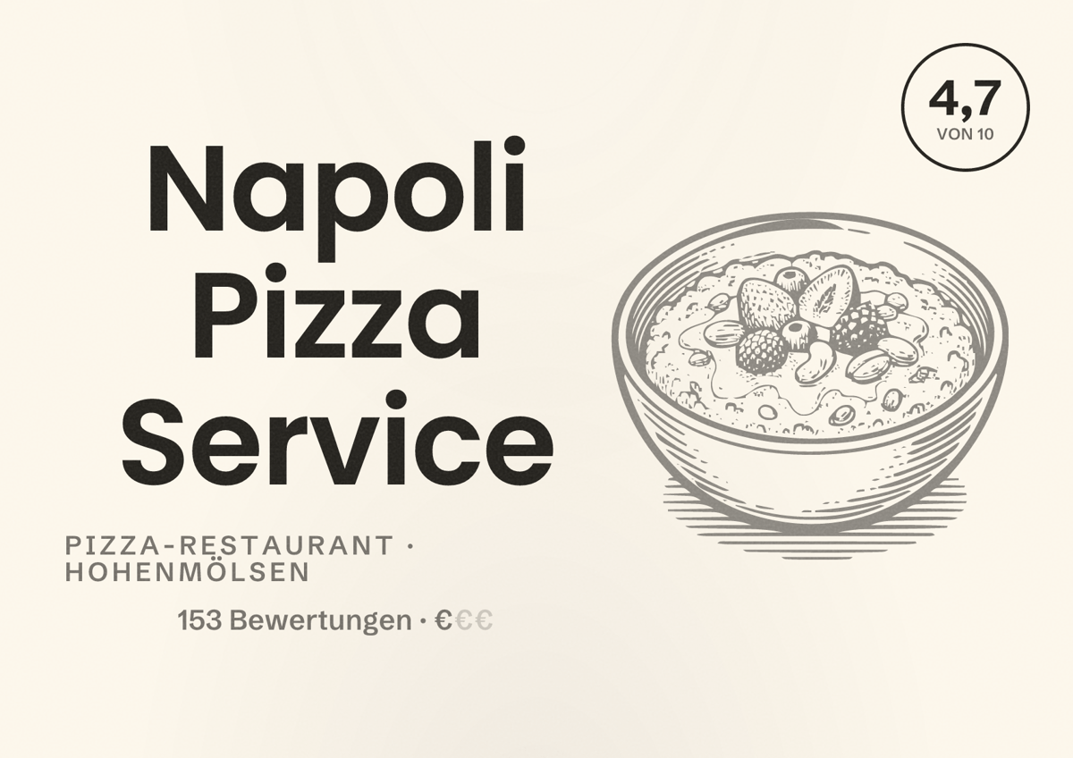 Illustriertes Poster von Napoli Pizza Service, Pizza-Restaurant in Hohenmölsen: Bewertung 4,7 von 10 aus 153 Bewertungen, Preisniveau €