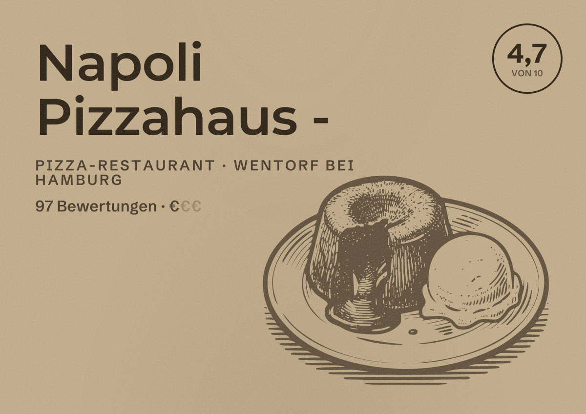 Illustriertes Poster von Napoli Pizzahaus -, Pizza-Restaurant in Wentorf bei Hamburg: Bewertung 4,7 von 10 aus 97 Bewertungen, Preisniveau €