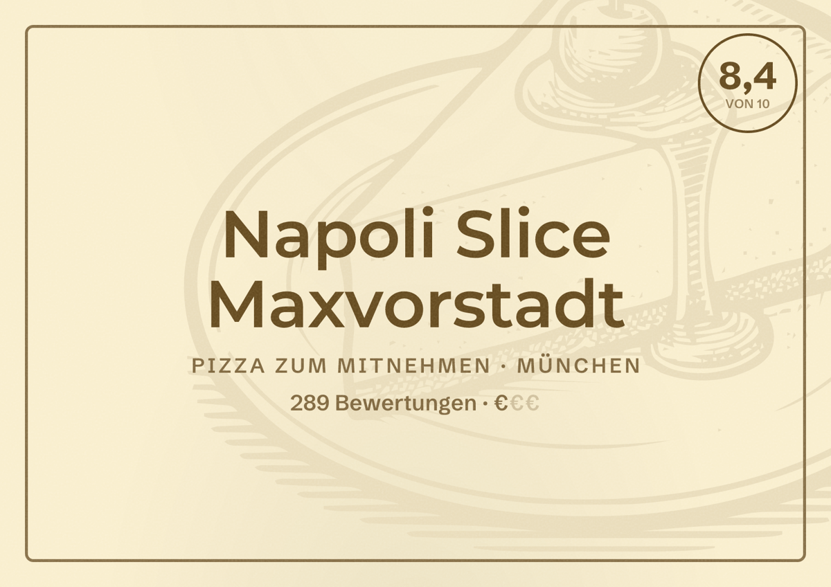 Illustriertes Poster von Napoli Slice Maxvorstadt, Pizza zum Mitnehmen in München: Bewertung 8,4 von 10 aus 289 Bewertungen, Preisniveau €