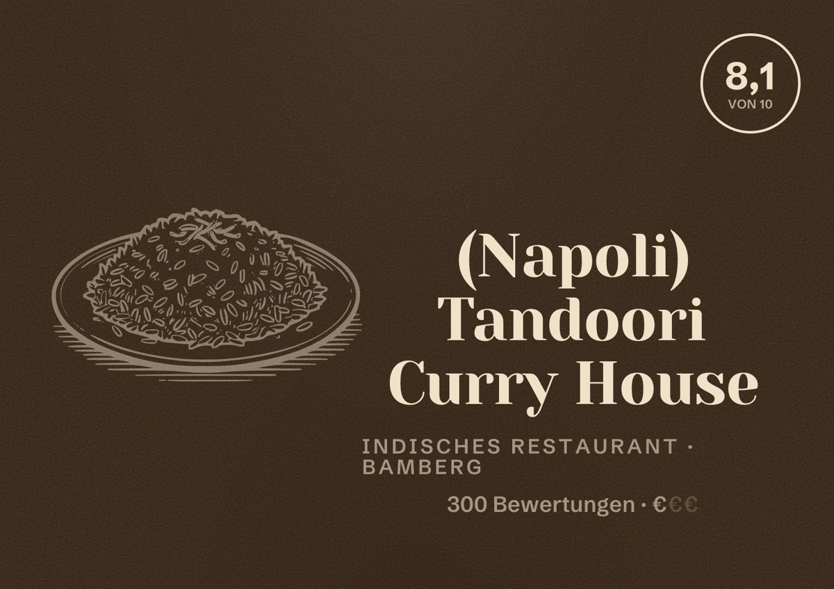 Illustriertes Poster von (Napoli) Tandoori Curry House, Indisches Restaurant in Bamberg: Bewertung 8,1 von 10 aus 300 Bewertungen, Preisniveau €