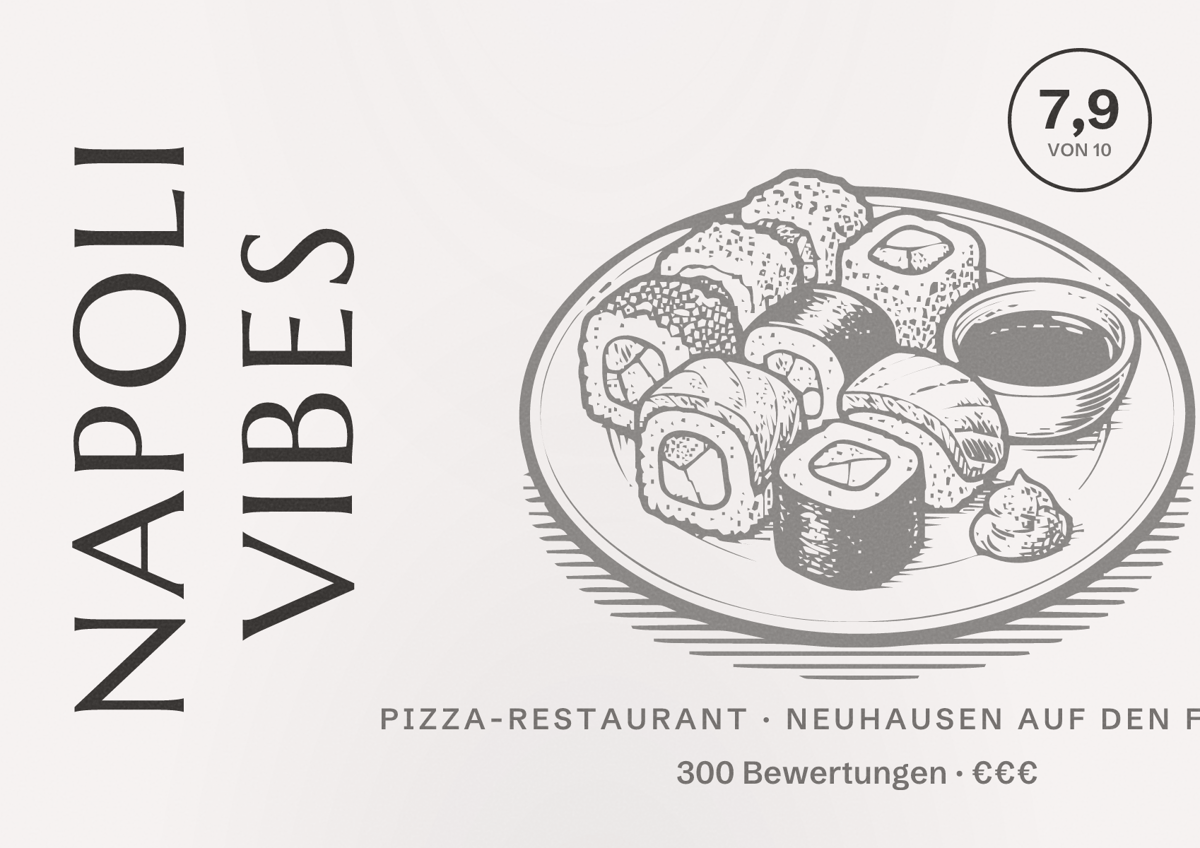 Illustriertes Poster von Napoli Vibes, Pizza-Restaurant in Neuhausen auf den Fildern: Bewertung 7,9 von 10 aus 300 Bewertungen, Preisniveau €€€