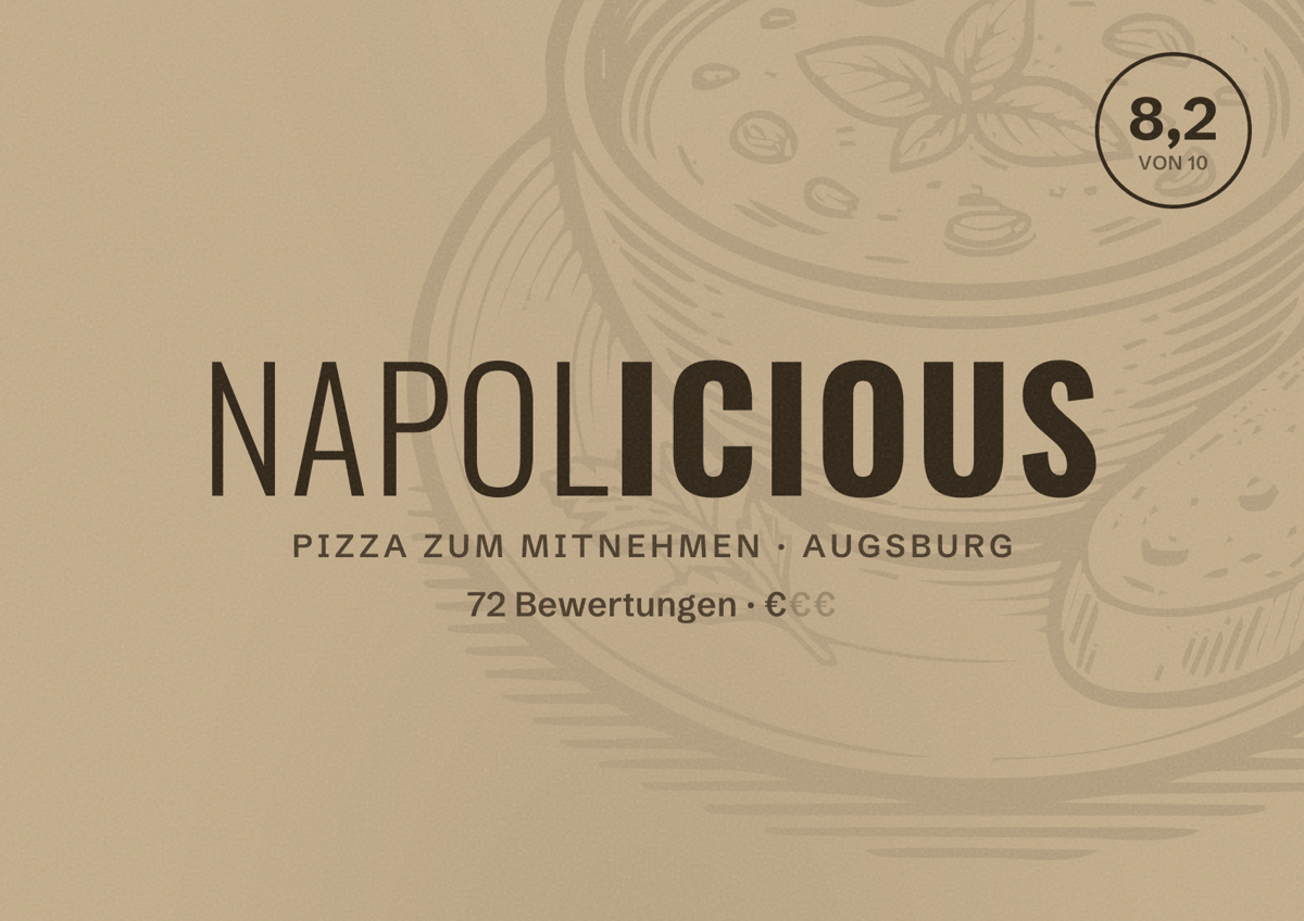 Illustriertes Poster von Napolicious, Pizza zum Mitnehmen in Augsburg: Bewertung 8,2 von 10 aus 72 Bewertungen, Preisniveau €