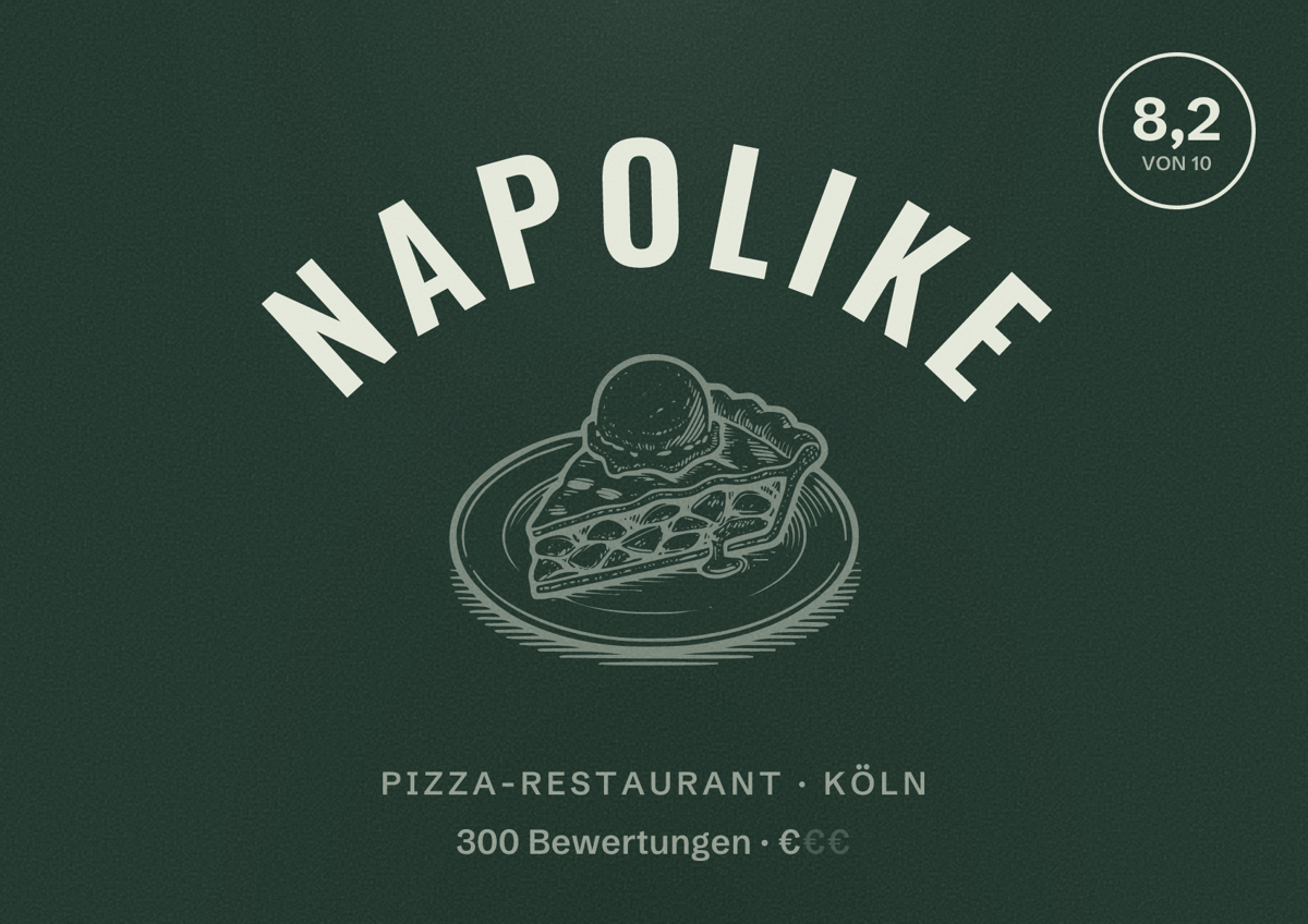 Illustriertes Poster von NapoLike, Pizza-Restaurant in Köln: Bewertung 8,2 von 10 aus 300 Bewertungen, Preisniveau €