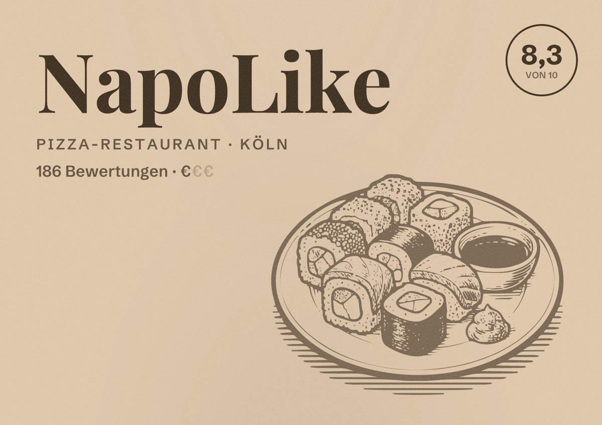 Illustriertes Poster von NapoLike, Pizza-Restaurant in Köln: Bewertung 8,3 von 10 aus 186 Bewertungen, Preisniveau €