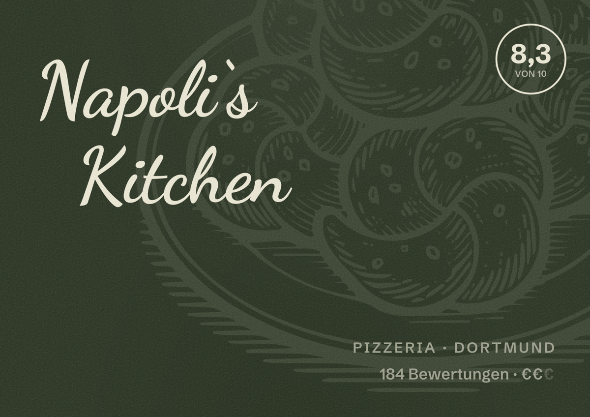 Illustriertes Poster von Napoli‘s Kitchen, Pizzeria in Dortmund: Bewertung 8,3 von 10 aus 184 Bewertungen, Preisniveau €€