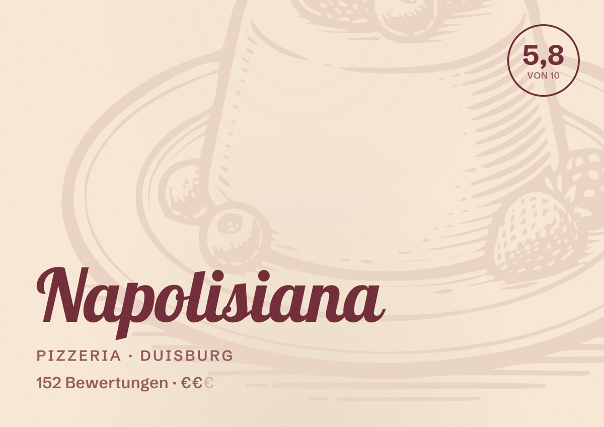 Illustriertes Poster von Napolisiana, Pizzeria in Duisburg: Bewertung 5,8 von 10 aus 152 Bewertungen, Preisniveau €€