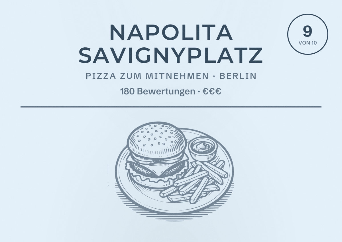 Illustriertes Poster von Napolita Savignyplatz, Pizza zum Mitnehmen in Berlin: Bewertung 9 von 10 aus 180 Bewertungen, Preisniveau €€€