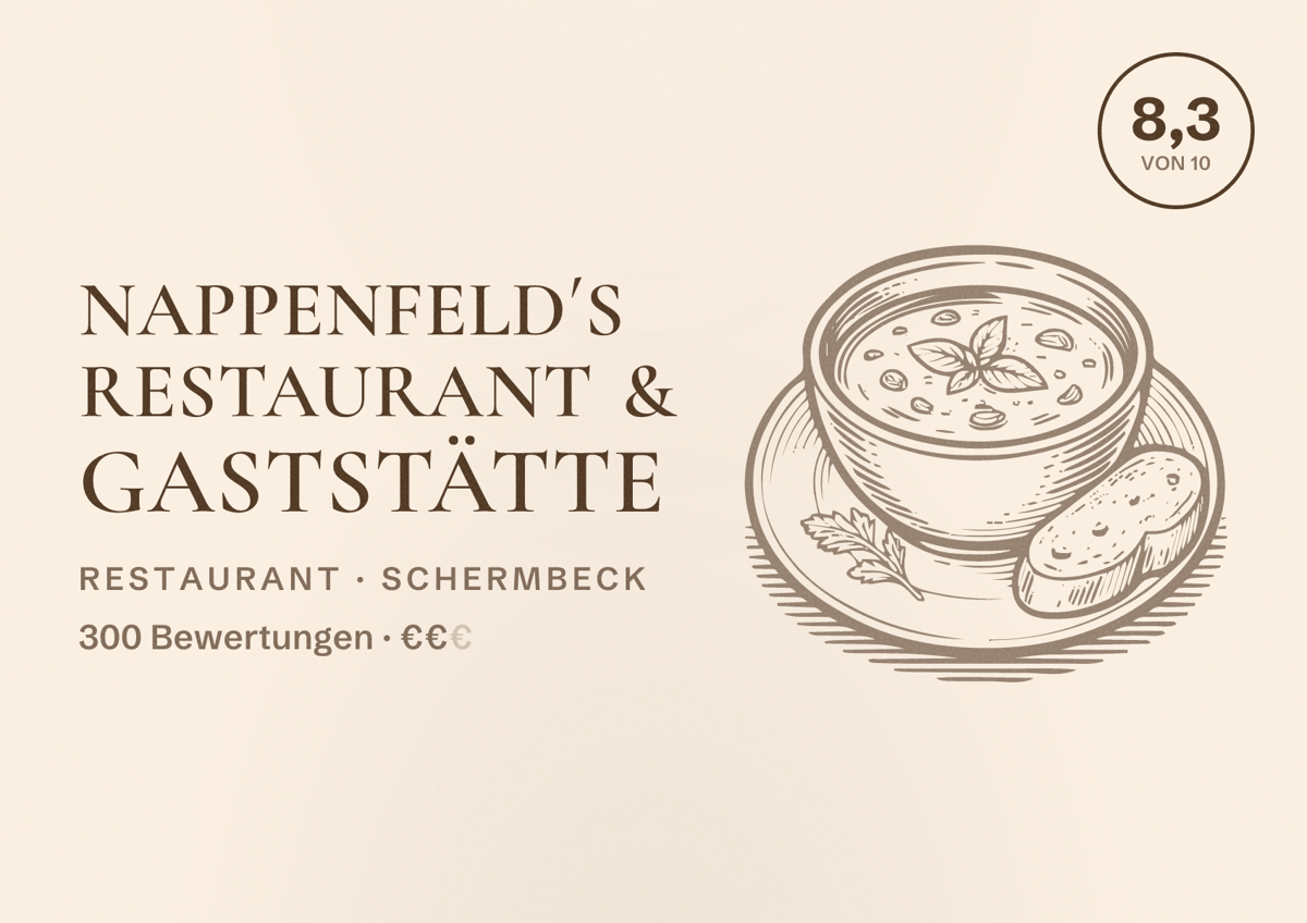 Illustriertes Poster von Nappenfeld´s Restaurant & Gaststätte, Restaurant in Schermbeck: Bewertung 8,3 von 10 aus 300 Bewertungen, Preisniveau €€