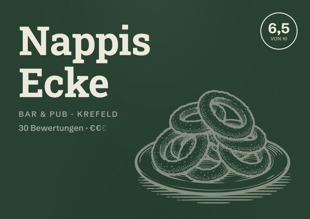 Illustriertes Poster von Nappis Ecke, Bar & Pub in Krefeld: Bewertung 6,5 von 10 aus 30 Bewertungen, Preisniveau €€