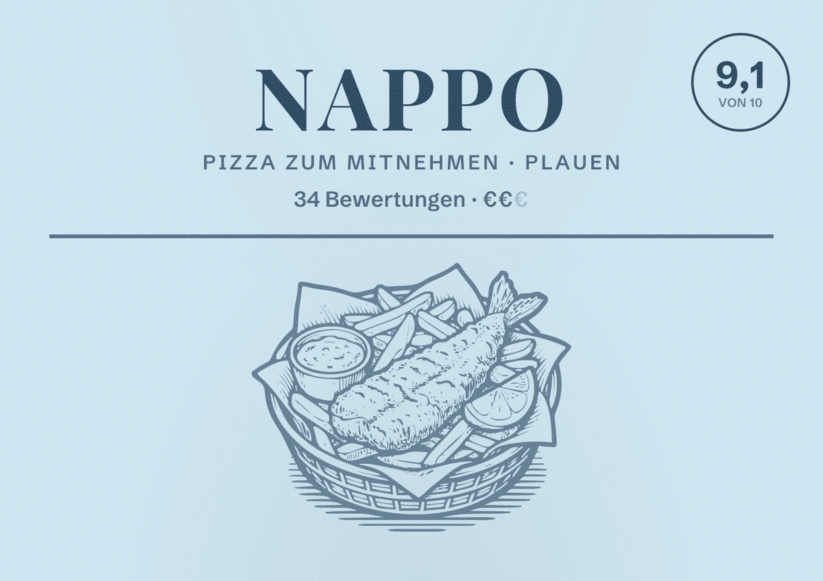 Illustriertes Poster von Nappo, Pizza zum Mitnehmen in Plauen: Bewertung 9,1 von 10 aus 34 Bewertungen, Preisniveau €€