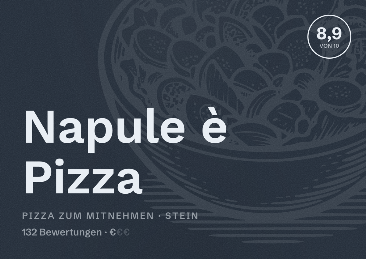 Illustriertes Poster von Napule è Pizza, Pizza zum Mitnehmen in Stein: Bewertung 8,9 von 10 aus 132 Bewertungen, Preisniveau €