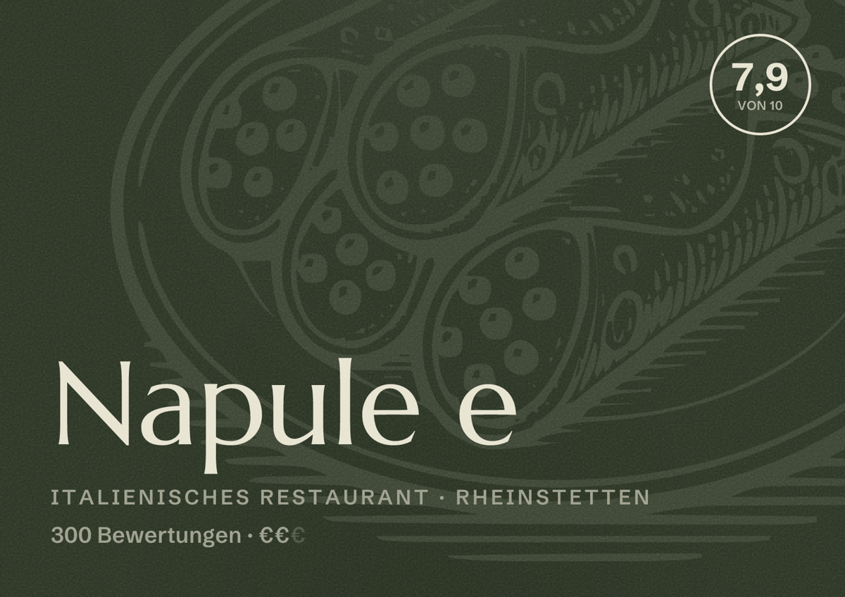 Illustriertes Poster von Napule e, Italienisches Restaurant in Rheinstetten: Bewertung 7,9 von 10 aus 300 Bewertungen, Preisniveau €€