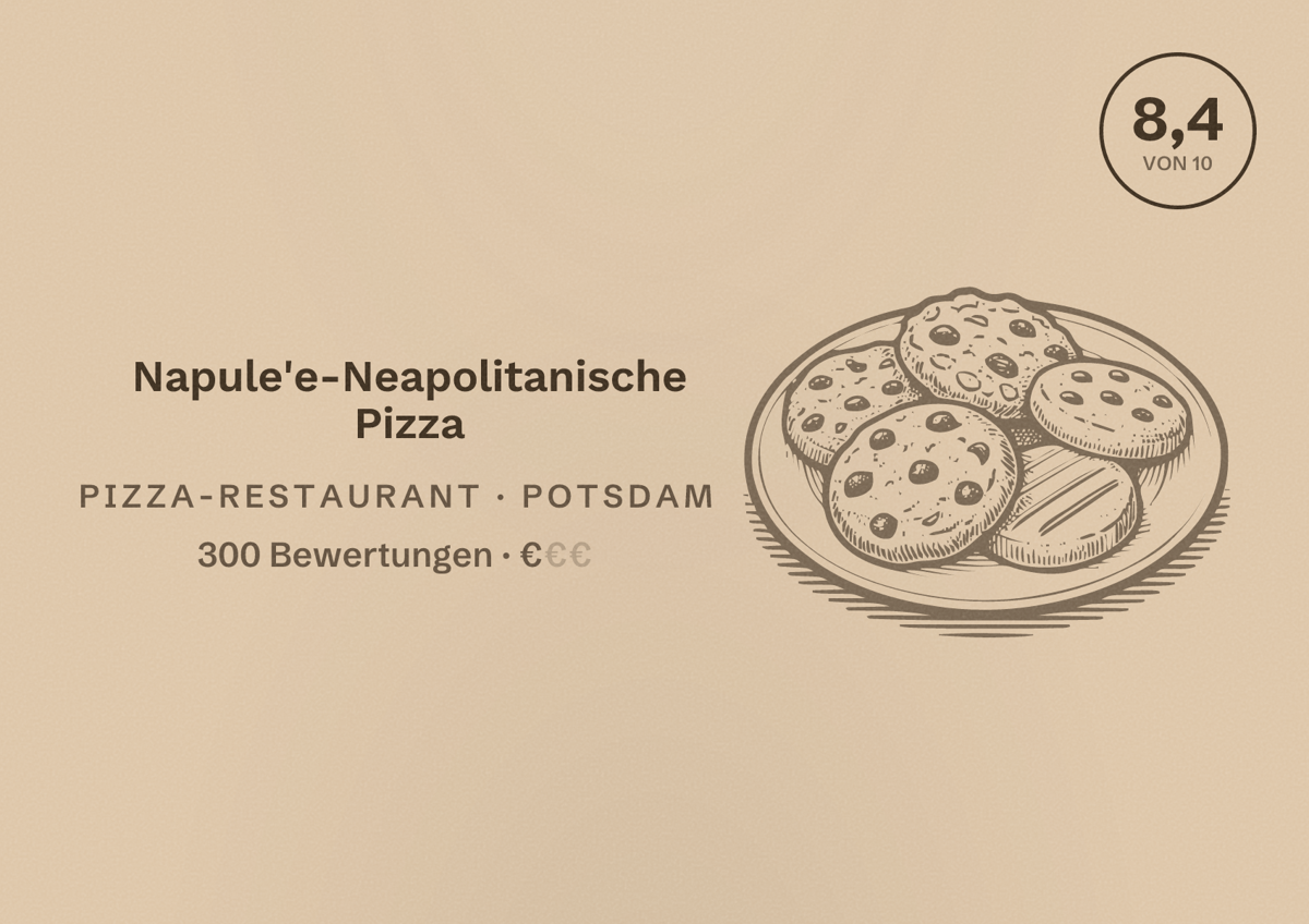 Illustriertes Poster von Napule'e-Neapolitanische Pizza, Pizza-Restaurant in Potsdam: Bewertung 8,4 von 10 aus 300 Bewertungen, Preisniveau €